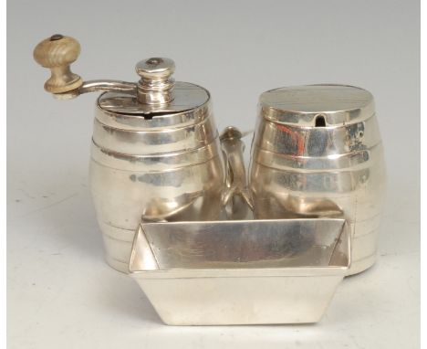 An unusual Victorian silver novelty condiment set, as coopered barrels and a trough, with integral pepper mill or grinder, mu