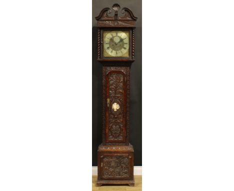 A George III oak longcase clock, 33.5cm square brass and silvered dial inscribed Jere Standring, Bolton, Roman and subsidiary