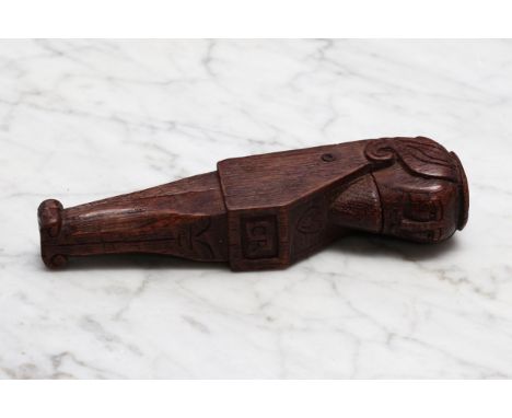 Nutcrackers - a 19th century oak lever-action figural nut cracker, carved with a portrait of King Charles I, to recto with CR