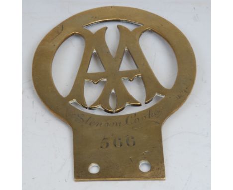 Motoring History - an early 20th century brass AA [Automobile Association] vintage car badge, inscribed Stenson Cooke, number