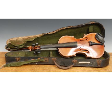 A violin, the two-piece back 35.75cm long excluding button, ebony tuning pegs, outlined throughout with purfling, 60cm long o