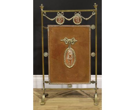 An Arts &amp; Crafts period copper and brass fire screen, with elements in the Neoclassical Revival taste, 81cm high, 45cm wi