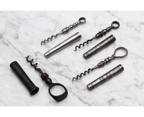 Helixophilia - a 19th century steel travelling pocket corkscrew, screw-threaded sheath, olive shaped shank, signet ring termi
