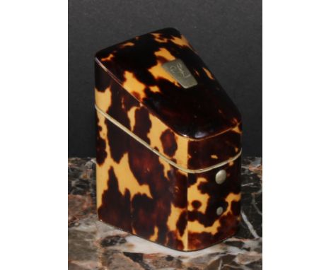 A 19th century tortoiseshell thimble case, hinged sloping cover enclosing a fitted interior, 5.5cm high, retailed by Lund, Co