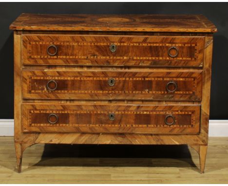 A late 18th century North Italian walnut and parquetry commode, of three long drawers, tapered legs, 88.5cm high, 117.5cm wid