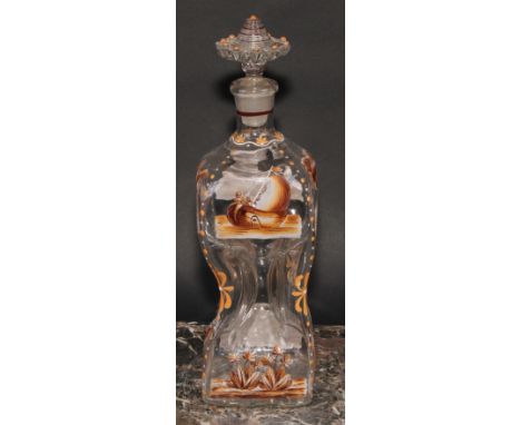 A 19th century Dutch glass pinched decanter, decorated in sepia enamel with landscapes, figures, boats and a swan, 31.5cm hig