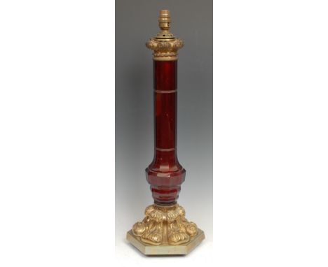 A Neoclassical design brass mounted ruby glass table lamp, 58.5cm high under fitting, early to mid-20th century 