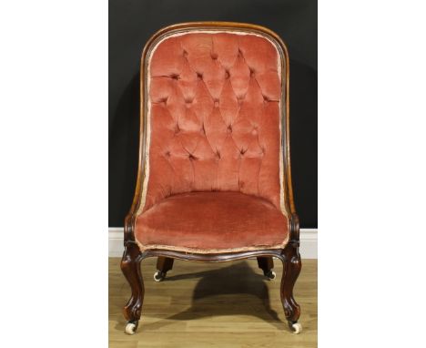 A Victorian walnut drawing room chair, stuffed-over upholstery, cabriole forelegs, ceramic casters, 95cm high, 58.5cm wide, t