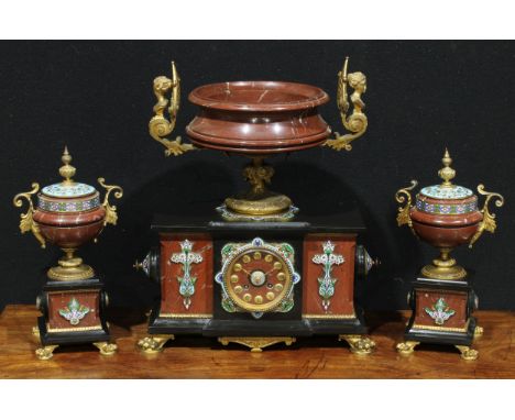 A 19th century gilt metal mounted marble and champlevé enamel mantel clock garniture, 10cm dial with Roman numerals, twin win