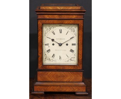 A mid-19th century featherbanded rosewood bracket or mantel clock, 14cm painted dial inscribed A.B. CAMACHO, RIO DE JANEIRO, 