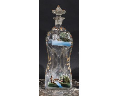 An early 20th century French painted glass pinched square decanter, decorated in polychrome enamels with boats, figures and l