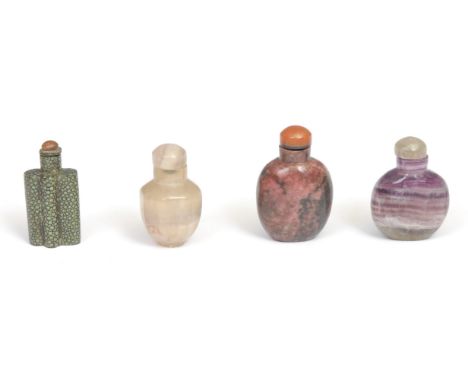A Chinese polished amethyst snuff bottle, domed stopper, 6.5cm high; an octagonal quartz snuff bottle; a polished jasper snuf