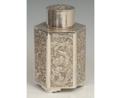 A Chinese silver hexagonal tea caddy, chased with a dragon, verse and the Three Friends of Winter, push-fitting cover, bracke