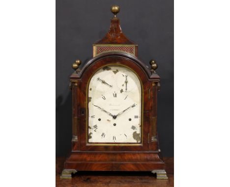 A large George III mahogany musical repeating bracket clock, 20cm arched painted dial inscribed Underwood, London, Roman nume