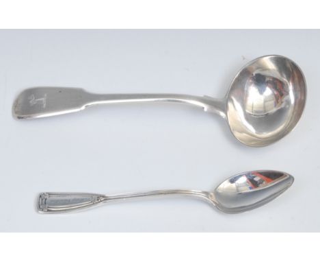 Tiffany &amp; Co - an American silver St Dunstan pattern  teaspoon, 15cm long; a George III silver Fiddle pattern sauce ladle