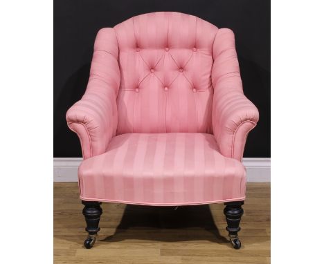 A late Victorian easy chair, in the manner of Howard &amp; Sons, stuffed-over upholstery, Cope &amp; Collinson ceramic caster
