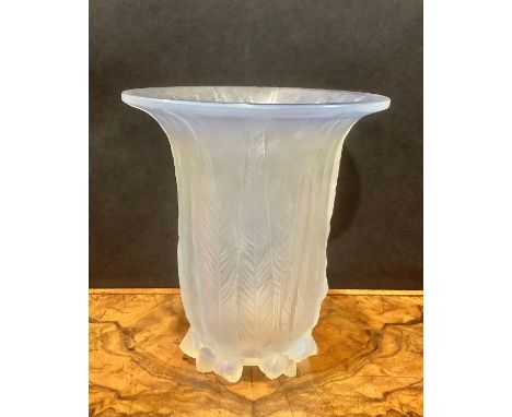 A René Lalique 'Eucalyptus' opalescent glass vase, moulded with the vertical leaves issuing from clusters of eucalyptus seed 