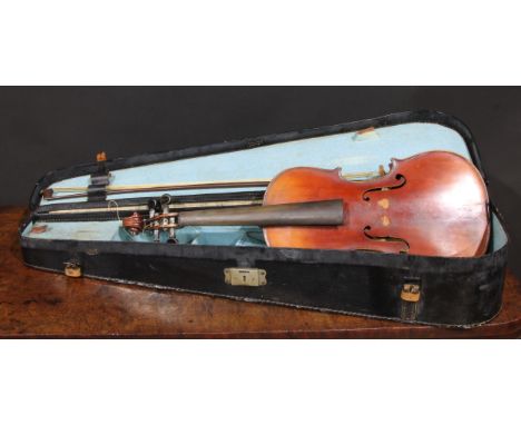 A violin, the two-piece back 36cm long excluding button, ebonised tuning pegs, 60cm long overall, the bow unsigned, 73cm long