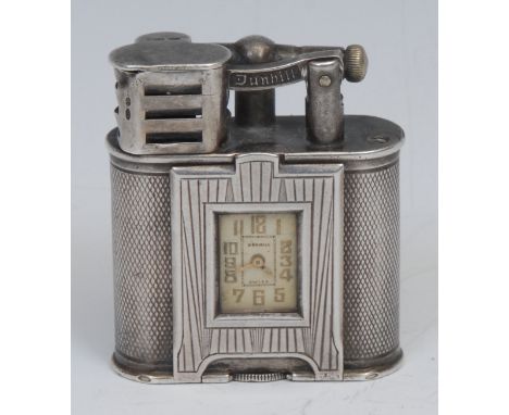 An Art Deco silver Dunhill combination cigarette lighter and watch, 1.3cm champagne dial with gilt Arabic numerals, engine tu