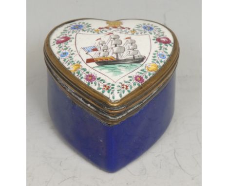 A 19th century enamel heart shaped snuff box, hinged cover decorated with a ship, 4.5cm wide 