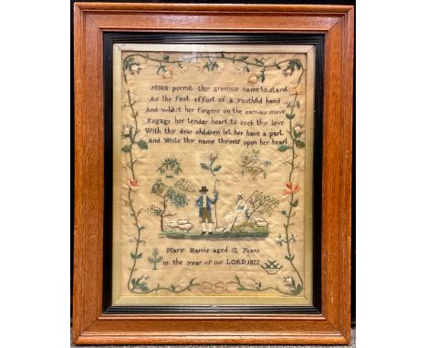 A George IV embroidered sampler, decorated with shepherd and crinoline lady, floral and vine border, inscribing ‘ Jesus Permi
