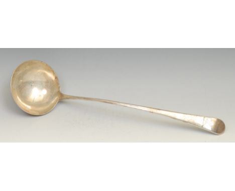 A George III silver Old English pattern soup ladle, crested, 37cm long, London 1791, 171gHeraldry: Crest of Thurburn of Murtl