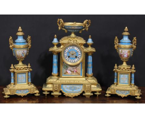 A 19th century French ormolu and porcelain clock garniature, in the Louis XVI Revival taste, 9cm dial inscribed with Roman nu