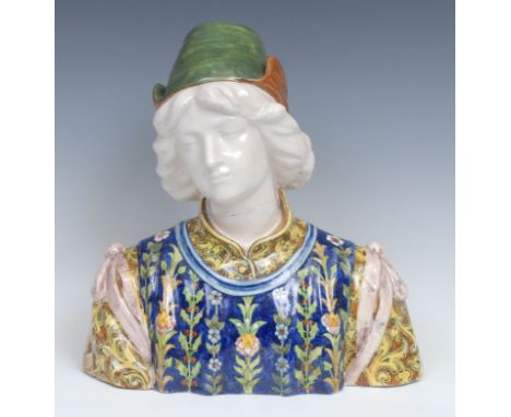 An Italian maiolica bust, in the manner of Angelo Minghetti, Bologna, depicting a Renaissance youth, 27cm wide, 19th century 