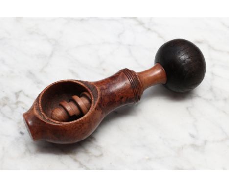Nutcrackers - a 19th century turned burr maple screw-action nut cracker, bold compressed globular stained ash pommel, 13.5cm 