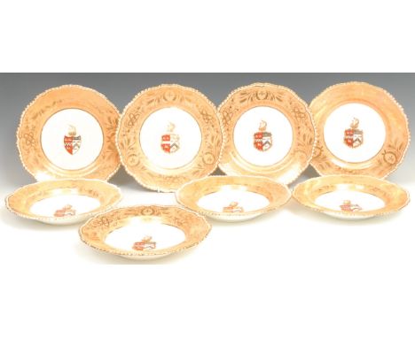 Heraldry - a 19th century English porcelain Armorial part dinner service, possibly H &amp; R Daniel, comprising four soup and