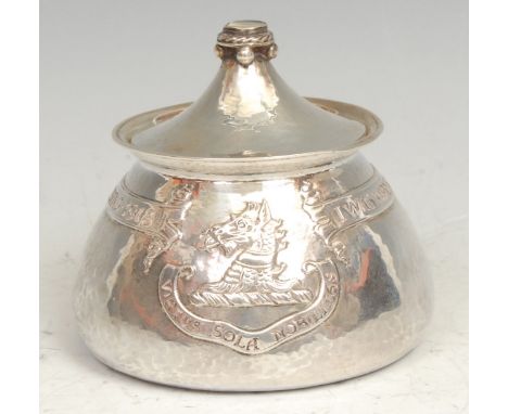 Omar Ramsden - an Arts and Crafts silver tea caddy, chased with an armorial and inscribed within a banner 'I was wrought for 