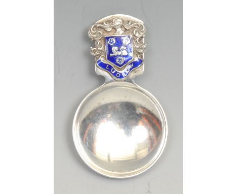 An Elizabeth II silver and enamel armorial caddy spoon, decorated with the Arms of Ludlow [Shropshire], 7cm long, Turner &amp