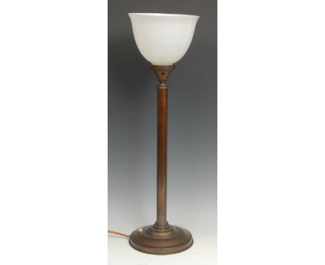 An Art Deco copper columnar table lamp, by Siemans, designed by Peter Behrens, frosted white glass uplighter shade, 64.5cm, c