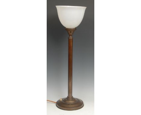 An Art Deco copper columnar table lamp, by Siemans, designed by Peter Behrens, frosted white glass uplighter shade, 64.5cm, c