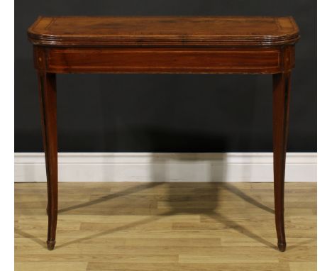 A Regency tulipwood and rosewood crossbanded mahogany card table, hinged top enclosing a baize lined playing surface, tapered