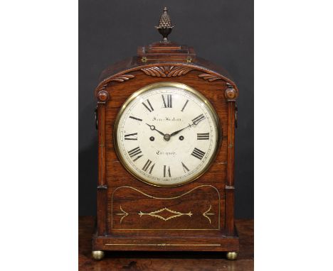 A Regency rosewood and brass marquetry bracket clock, 20cm convex dial inscribed James Braham, Torquay, Roman numerals, twin 