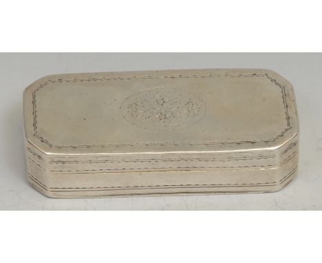 A Continental silver canted rectangular snuff box, hinged cover, bright-cut and wrigglework engraved, gilt interior, 8.5cm wi