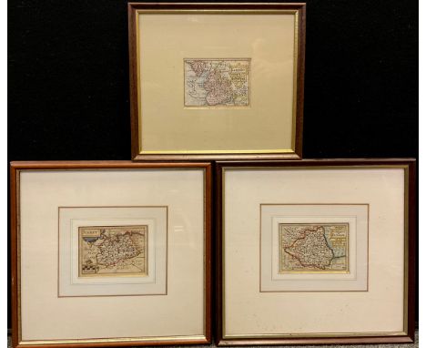 Maps -  Van den Keere, Pieter (Flemish, 1571-c.1646), trio of hand coloured engraving maps, Surrey, 9cm x 12cm;  Lancashire, 