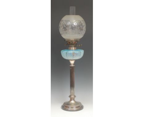 A late Victorian/Edwardian E.P.N.S table lamp, etched globular shade, blue vaseline glass reservoir, fluted pillar, beaded so