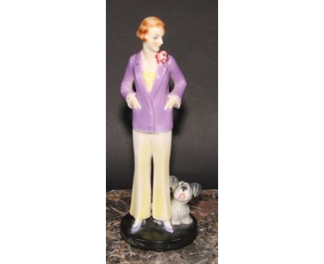 An Art Deco Goebel figure, of a young lady and a dog, 24cm high, impressed monogram, model no. FF10, c.1935-1949 