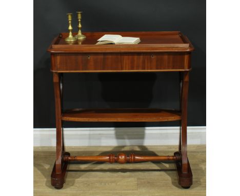 An early Victorian mahogany silver table, rounded rectangular galleried top above a pair of frieze drawers and an open undert