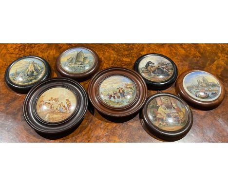 A 19th century Staffordshire Prattware potlid, Skewbald Horse, after P. Wouvermann, 10.5cm diameter, printed mark to verso, f