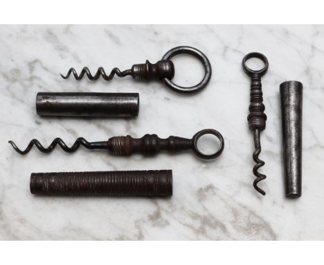 Helixophilia - a 19th century steel travelling pocket corkscrew, ribbed screw-threaded sheath, ring terminal, 11.5cm long; an