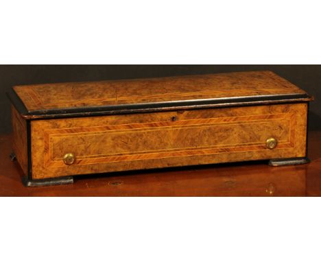 A 19th century Swiss walnut rounded rectangular music box, 33cm cylinder playing on a two-piece comb, cranking handle, Change