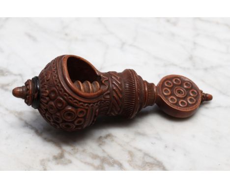 Nutcrackers - a 19th century Swiss acorn shaped screw-action nut cracker, carved with a band of lotus and turned throughout w