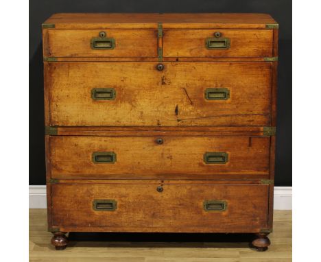 A 19th century brass bound teak campaign chest, bisecting for military transport, caddy top above two short and three long gr