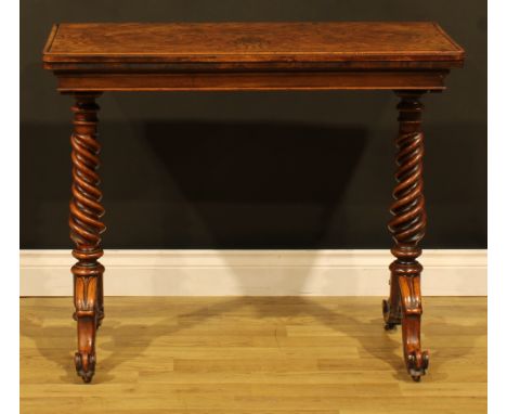 A Victorian walnut card table, by C. Wilkinson &amp; Son, 8 Old Bond Street, London, hinged top with bookmatched veneer, encl