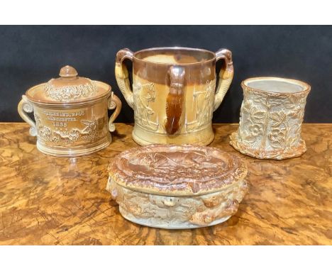 A 19th century Brampton salt glazed stoneware two-handled tobacco jar and cover, impressed R H BRENAND ESQR, Manchester, 1835