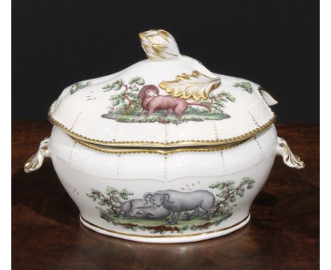 A Worcester Aesop Fable sauce tureen, painted in polychrome with The Dogs and the Fox, osier border, gilt dentil rim, 17cm wi