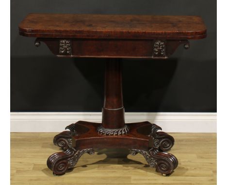 A George IV mahogany card table, possibly Scottish, hinged top enclosing a baize lined playing surface, above a deep frieze a